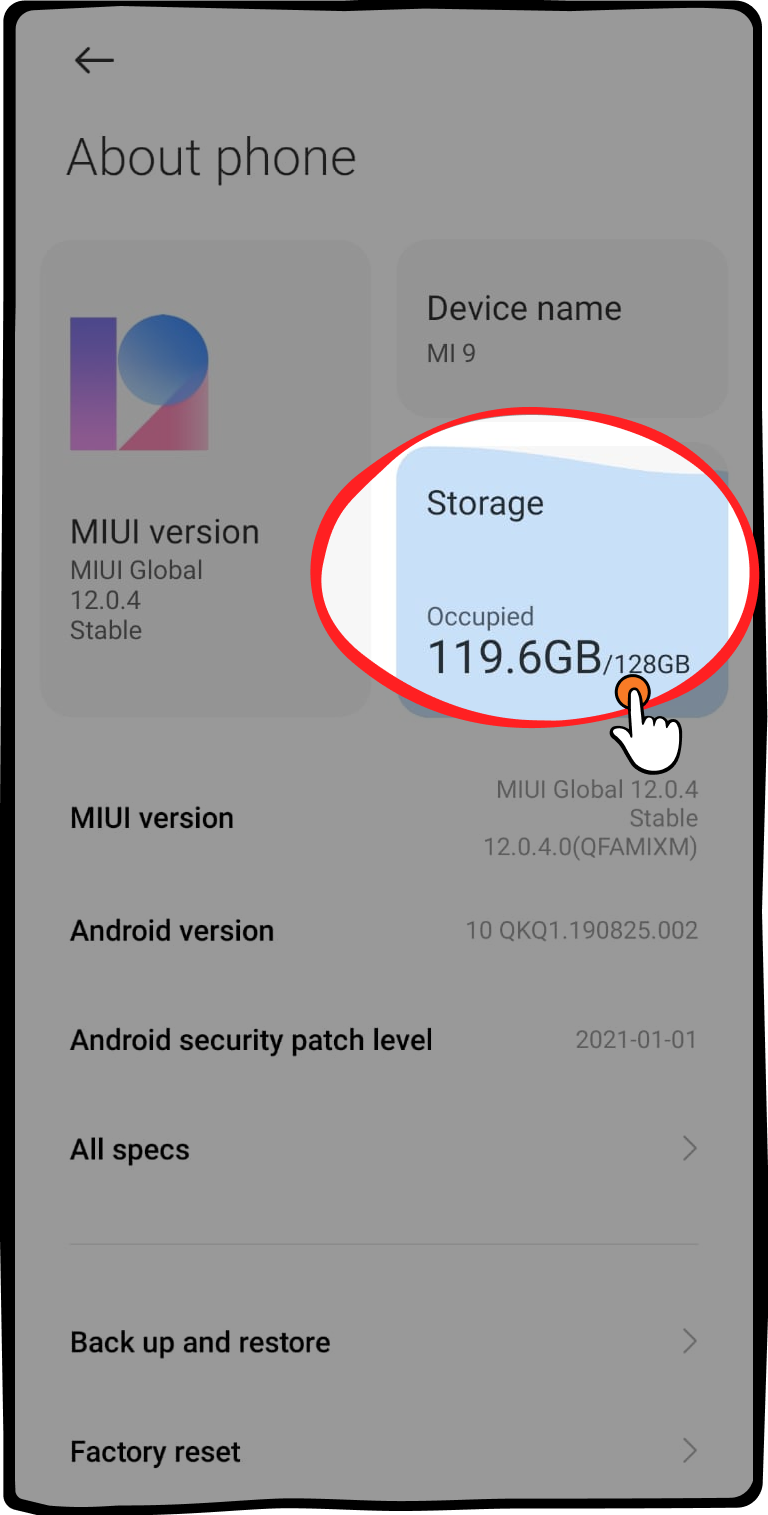 Look for “Storage” to see the available storage