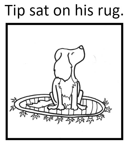 The first page of Tip The Dog with the text 'Tip sat on his rug. The illustration is of a stubborn dog sitting on his rug.