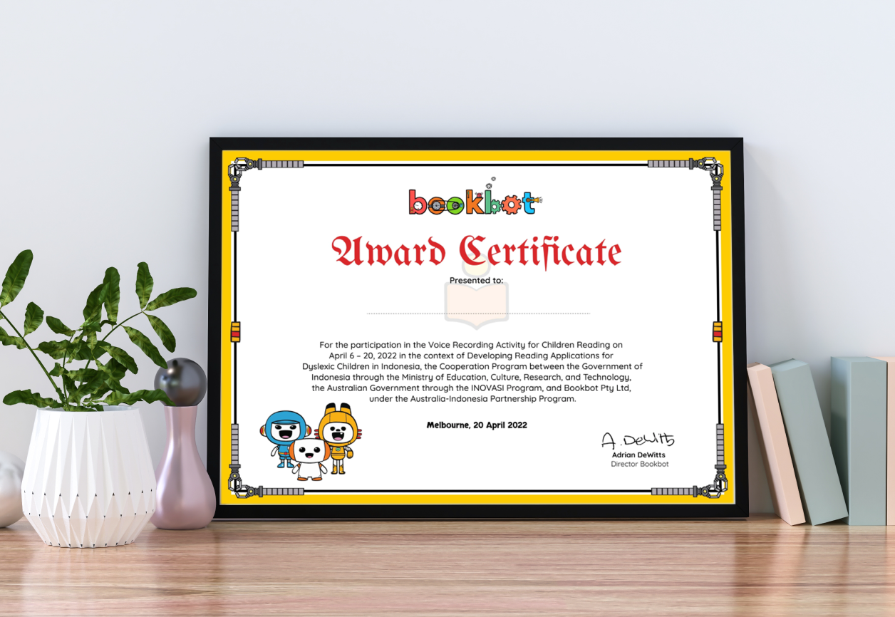 A photo of a Bookbot certificate on a shelf